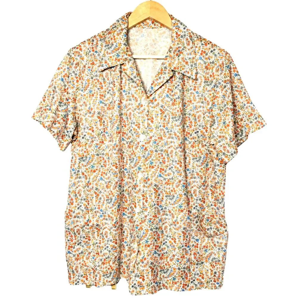 Vintage 70s Handmade Paisley Floral Shirt Short Sleeve Button Up Retro Boho